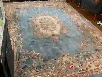 qt=q_11 (7) A blue rug with a floral design on it.