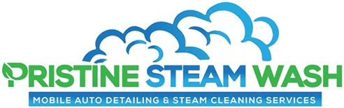 Company logo featuring blue clouds and text: "Pristine Steam Wash." Below, a tagline reads, "Mobile Auto Detailing & Steam Cleaning Services.